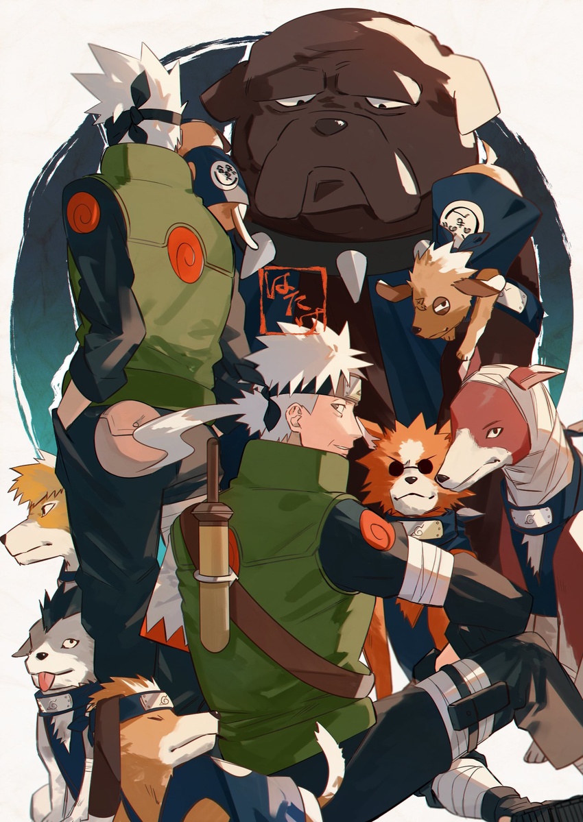 2boys akino_(naruto) animal animal_on_shoulder asymmetrical_sleeves bandages bisuke_(naruto) bull_(naruto) canine character_name clothed_animal collar commentary_request copyright_request facing_away father_and_son floating_hair forehead_protector green_vest grey_eyes guruko_(naruto) hand_in_pocket hatake_kakashi hatake_sakumo henohenomoheji highres konohagakure_symbol long_hair male_focus mirin_(coene65) mismatched_sleeves multiple_boys naruto_(series) ninja on_shoulder oversized_animal pakkun_(naruto) ponytail pouch sheath sheathed shiba_(naruto) short_hair sitting smile spiked_collar spikes spiral standing sunglasses thigh_pouch urushi_(naruto) uuhei_(naruto) uzumaki_symbol vest white_hair