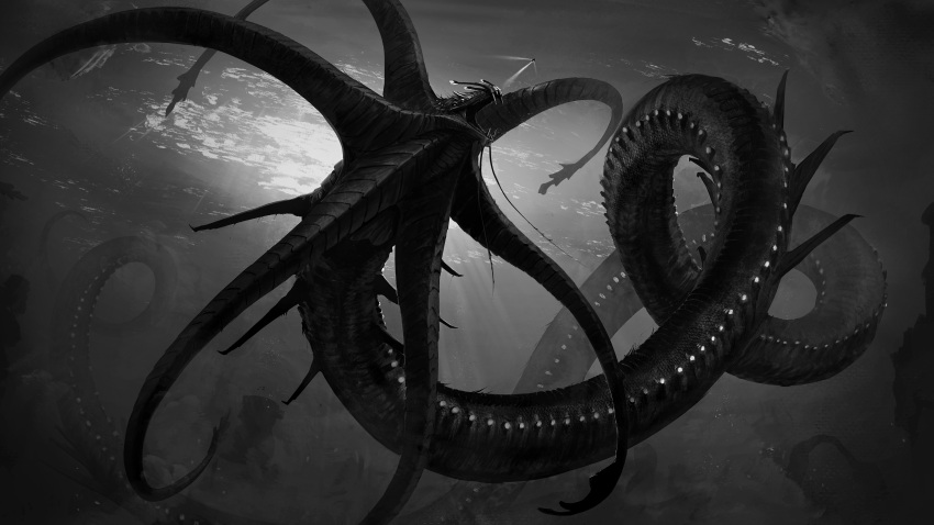 absurdly_wide_shot absurdres animal_focus caustics commentary commission dutch_angle english_commentary extra_eyes fangs giant giant_monster greyscale highres monochrome monster no_humans open_mouth sharp_teeth size_difference solo submarine subnautica tapwing teeth tentacle underwater watercraft