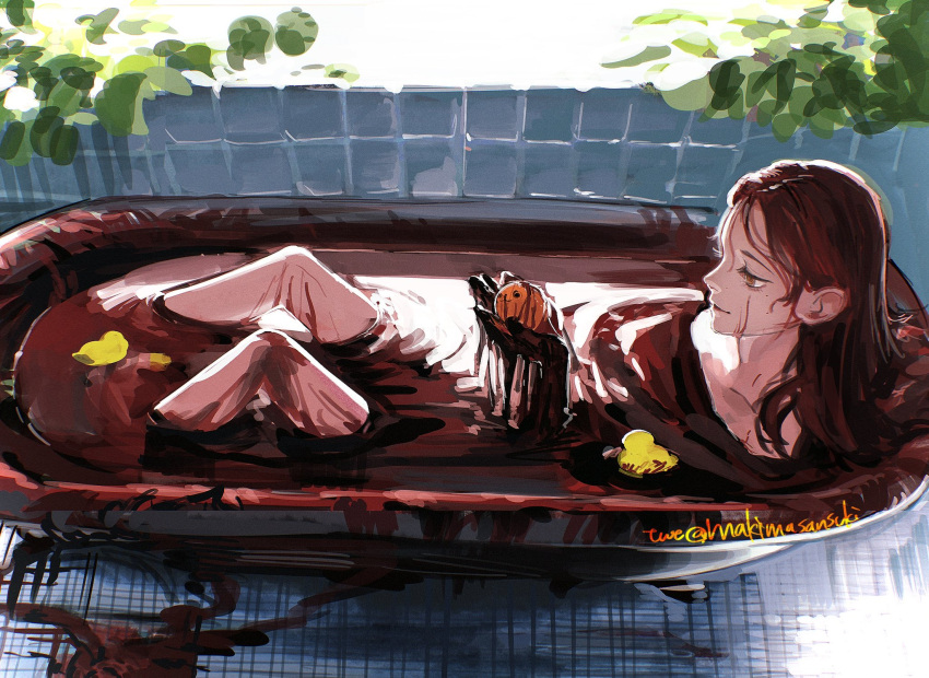 alternate_hairstyle bath bath_of_blood bathtub blood chainsaw_man closed_mouth commentary eyelashes female from_above hair_down highres holding indoors kamo_(kamonegioisi) light_smile lips long_hair makima_(chainsaw_man) orange_eyes partially_submerged plant pochita_(chainsaw_man) profile red_hair ringed_eyes ripples rubber_duck smile solo sunlight symbol-only_commentary twitter_username