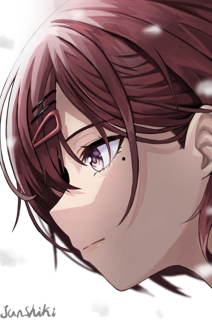 close-up closed_mouth female hair_between_eyes hair_ornament hairpin highres higuchi_madoka idolmaster idolmaster_shiny_colors junshiki medium_hair mole mole_under_eye portrait purple_eyes purple_hair signature simple_background solo split_mouth white_background