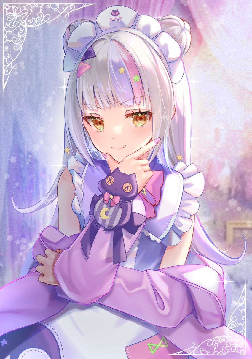 blush closed_mouth commentary_request double_bun dress female grey_hair hair_bun hair_ornament hand_on_own_chin highres hololive jacket long_hair looking_at_viewer maid_headdress multicolored_hair murasaki_shion murasaki_shion_(magical_girl_maid) nail_polish off_shoulder official_alternate_costume open_clothes open_jacket pi_tayuko pink_hair pink_jacket pink_nails purple_dress purple_hair shiokko_(murasaki_shion) sleeveless sleeveless_dress smile solo star_(symbol) star_hair_ornament streaked_hair upper_body virtual_youtuber yellow_eyes