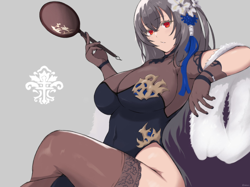 1006kbps absurdres alternate_breast_size azur_lane black_dress breasts brown_dress brown_thighhighs china_dress chinese_clothes cleavage commentary crossed_legs dress feather_boa female flower from_side grey_background grey_hair hair_flower hair_ornament hand_fan highres holding holding_fan iris_libre_(emblem) lace-trimmed_legwear lace_trim large_breasts long_hair looking_at_viewer looking_to_the_side mole mole_under_eye official_alternate_costume pelvic_curtain red_eyes saint-louis_(alluring_administrator)_(azur_lane) saint-louis_(azur_lane) see-through see-through_cleavage see-through_dress see-through_legwear sheer_gloves side_slit simple_background sitting solo thighhighs two-tone_dress white_flower