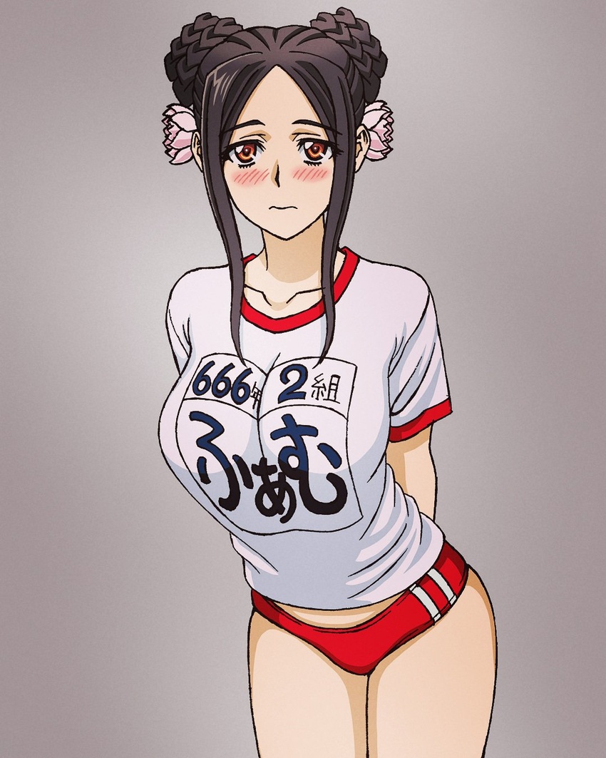 blush breasts commentary_request double_bun female flower graphite_(medium) gym_uniform hair_bun hair_flower hair_ornament harasyu1 highres large_breasts lips long_hair muv-luv muv-luv_alternative pham_thi_ran red_eyes schwarzesmarken shirt short_shorts shorts t-shirt traditional_media