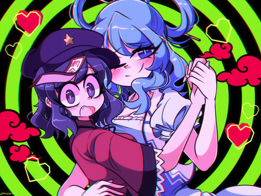 2girls ;) akatsuki_records blue_dress blue_eyes blue_hair blush breasts bright_pupils cabbie_hat chromatic_aberration cleavage closed_mouth commentary concentric_circles d: dress hair_ornament hair_rings hair_stick hand_up hat hat_ornament heart highres holding_hands jiangshi kaku_seiga littlecloudie looking_at_viewer medium_breasts medium_hair miyako_yoshika multiple_girls necromantic oerba_yun_fang ofuda one_eye_closed open_mouth puffy_short_sleeves puffy_sleeves purple_eyes purple_hair purple_headwear red_shirt sanpaku shirt short_sleeves simple_background smile star_(symbol) star_hat_ornament touhou upper_body vest wavy_hair white_vest