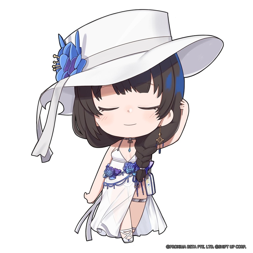 bikini black_hair blue_flower braid braided_ponytail breasts chibi closed_eyes closed_mouth dress earrings female flower full_body goddess_of_victory:_nikke hat hat_flower highres jewelry mary_(bay_goddess)_(nikke) mary_(nikke) official_alternate_costume official_art see-through single_earring sleeveless sleeveless_dress standing sun_hat swimsuit thigh_gap thighlet thighs totatokeke white_background white_bikini white_dress white_footwear white_headwear