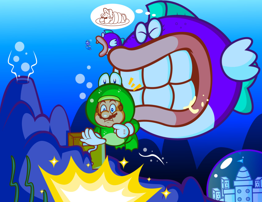 ?! ?_block block brother_(lore) brothers_(lore) bubble castle cheep_chomp closed_eyes emanata fish frog_mario group hi_res human item_box jamesmantheregenold luigi mammal marine mario mario_bros nintendo open_mouth purple_body purple_scales scales sibling_(lore) super_mario_bros._3 swimming twins_(lore) underwater water white_body white_scales