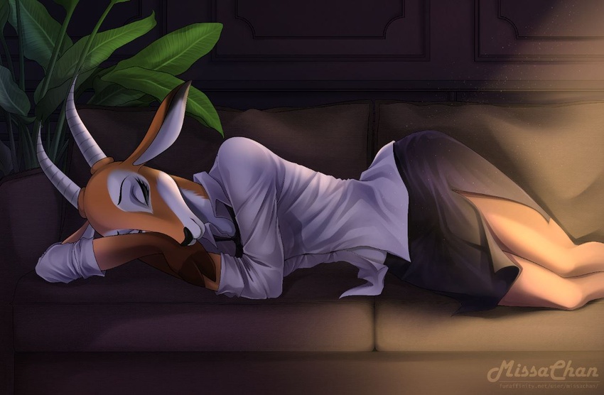 antelope bovid evening female furniture illumination_entertainment karen_(sing) mammal missachan office_clothing office_lady plant plant_pot potted_plant resting sing_(movie) sleeping sofa solo