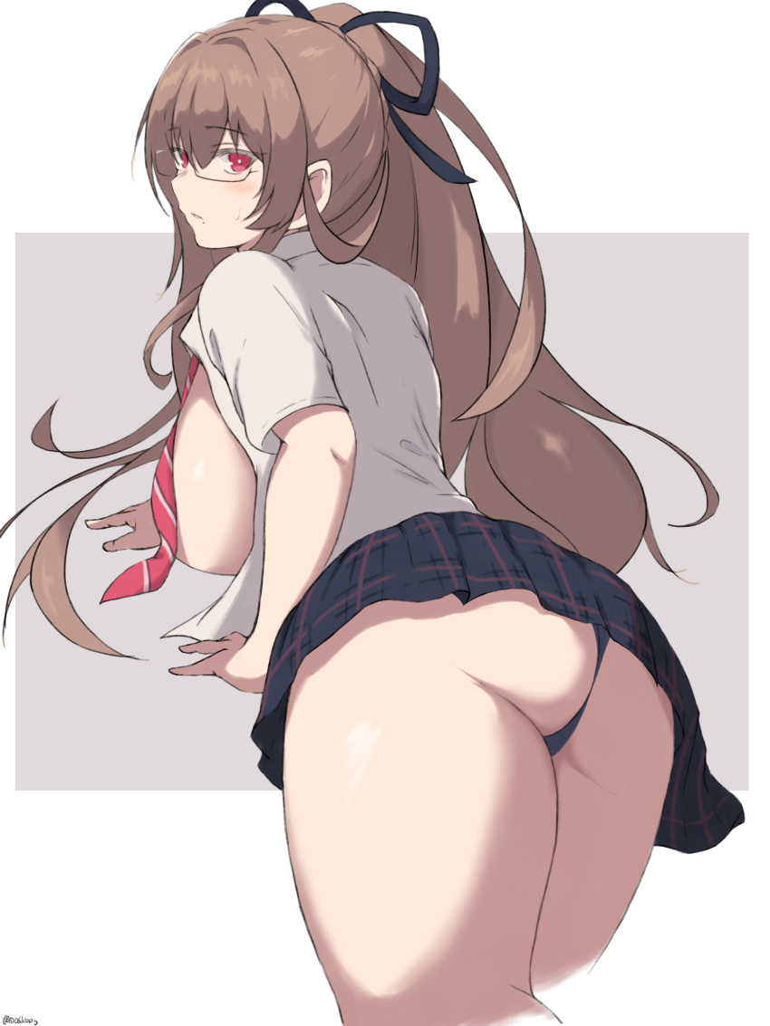 1006kbps absurdres ass azur_lane black_panties black_skirt breasts breasts_out brown_hair commentary female from_behind grey_background highres leaning_forward long_hair looking_at_viewer looking_back miniskirt necktie official_alternate_costume panties plaid plaid_skirt red_eyes red_necktie semi-rimless_eyewear shirt short_sleeves simple_background skirt solo striped_necktie swiftsure_(azur_lane) swiftsure_(study_hall_cyclamen)_(azur_lane) two-tone_background under-rim_eyewear underbutt underwear very_long_hair white_background white_shirt