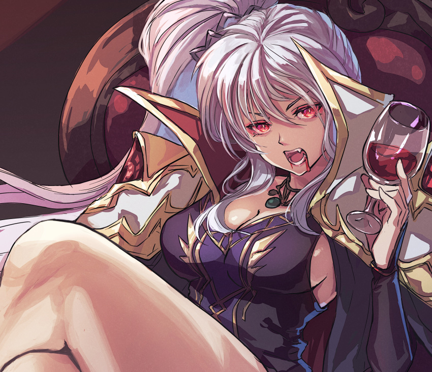 absurdres blood breasts cape commission commissioner_upload fangs female fire_emblem fire_emblem:_genealogy_of_the_holy_war fire_emblem_heroes glass highres ishtar_(fire_emblem) ishtar_(fire_emblem)_(echoing_thunder) jewelry long_hair necklace non-web_source red_eyes shouma_(bravespiritya) sitting skeb_commission slit_pupils thick_thighs thighs