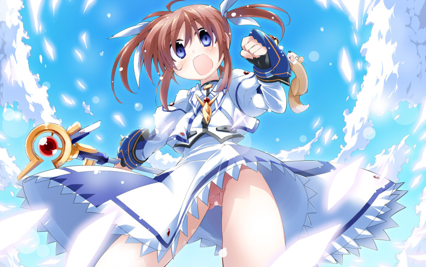 bibi02 blue_eyes blush brown_hair clenched_hand cloud commentary_request day female lyrical_nanoha mahou_shoujo_lyrical_nanoha mahou_shoujo_lyrical_nanoha_a's mahou_shoujo_lyrical_nanoha_the_movie_2nd_a's open_mouth panties pantyshot pink_panties raising_heart raising_heart_(accel_mode)_(2nd) short_hair sky solo staff takamachi_nanoha takamachi_nanoha_(sacred_mode)_(2nd) twintails underwear yuuno_scrya