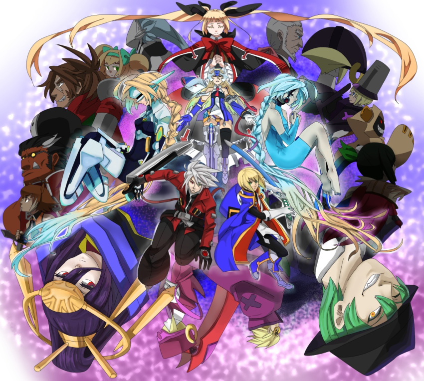 6+boys 6+girls ahoge animal_ears animal_hood arakune bad_id bad_pixiv_id blazblue blazblue:_continuum_shift blonde_hair bodysuit carl_clover cat_hood crotch_plate everyone eyepatch glasses green_hair grey_hair hakumen hazama hood ignis_(blazblue) iron_tager jerun jin_kisaragi lambda-11 litchi_faye_ling long_hair makoto_nanaya mask mecha_musume mikado_(blazblue) mu-12 multiple_boys multiple_girls nirvana_(blazblue) nu-13 platinum_the_trinity purple_hair rachel_alucard ragna_the_bloodedge relius_clover shishigami_bang squirrel_ears squirrel_girl sword taokaka tsubaki_yayoi valkenhayn_r._hellsing visor weapon