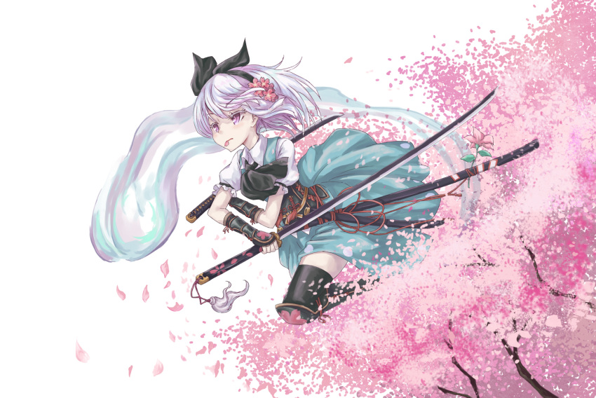 armor cherry_blossoms commentary_request dual_wielding female flower gauntlets ghost hair_ornament hairband hitodama holding katana konpaku_youmu konpaku_youmu_(ghost) mumulatte petals pink_eyes scabbard sheath short_hair solo sword touhou unsheathed weapon white_hair