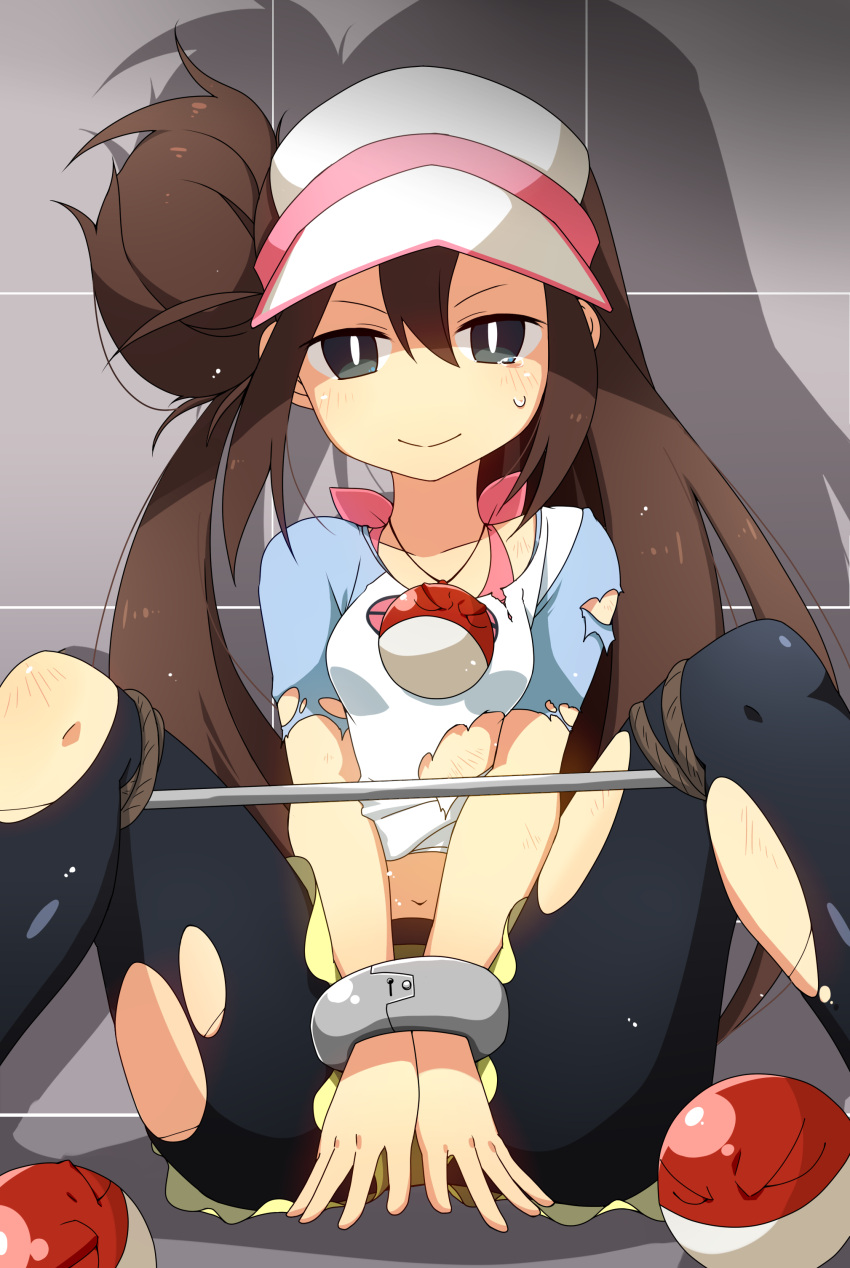 absurdres black_pantyhose bondage bondage bound brown_hair commentary_request female green_eyes hair_bun hair_half_undone highres jewelry kotomuke_fuurin long_hair looking_at_viewer navel necklace pantyhose pokemon pokemon_(creature) pokemon_bw2 raglan_sleeves ribbon rosa_(pokemon) scratches shorts single_hair_bun single_side_bun sitting smile solo spread_legs spreader_bar tears torn_clothes torn_pantyhose very_long_hair visor_cap voltorb yellow_shorts