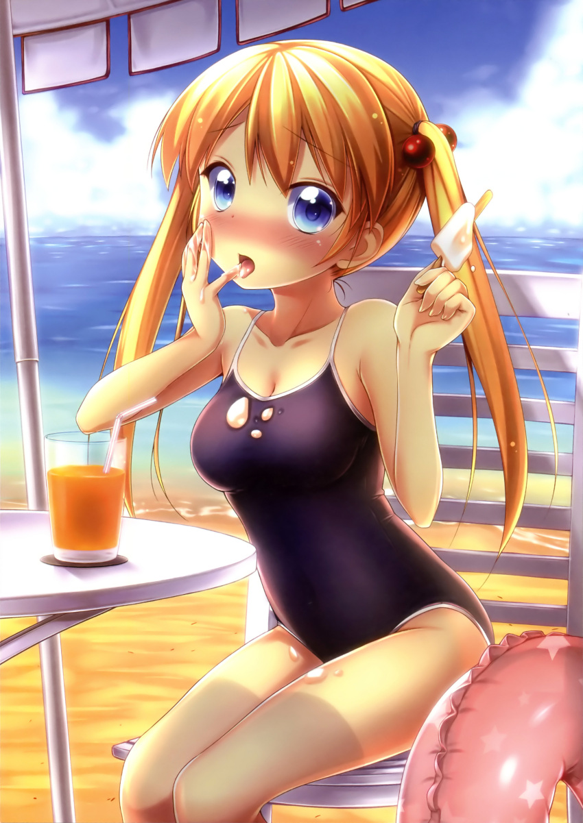 absurdres bare_shoulders beach blue_eyes blush breasts chair cleavage drink drinking_straw female food hair_bobbles hair_ornament highres innertube licking licking_finger medium_breasts nullken one-piece_swimsuit orange_hair original patio_chair photoshop_(medium) popsicle scan sitting solo swim_ring swimsuit twintails