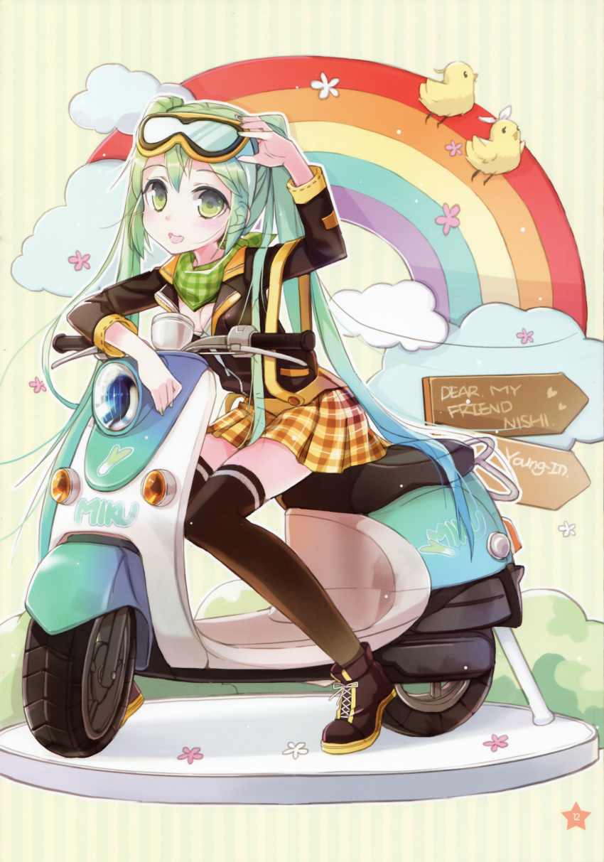 absurdres cameo cloud female green_eyes green_hair hatsune_miku highres jin_young-in kagamine_len kagamine_rin long_hair motor_vehicle on_scooter rainbow scooter solo thighhighs vocaloid