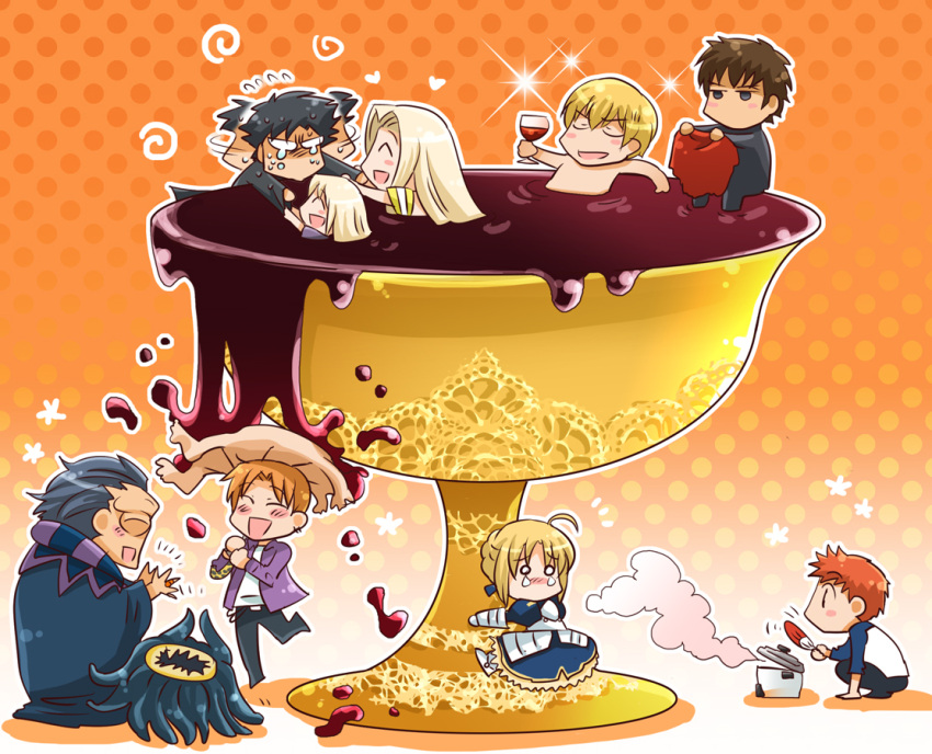 3girls 6+boys artoria_pendragon_(fate) brother_and_sister cape chalice chibi commentary_request cup emiya_kiritsugu emiya_shirou family fate/zero fate_(series) father_and_daughter father_and_son gilgamesh_(fate) gilles_de_rais_(caster)_(fate) gradient_background hand_fan illyasviel_von_einzbern irisviel_von_einzbern irisviel_von_einzbern_(angel's_song) kotomine_kirei mother_and_daughter mother_and_son multiple_boys multiple_girls nude paper_fan photoshop_(medium) polka_dot polka_dot_background raglan_sleeves rakutori rice_cooker saber_(fate) shoggoth siblings tears uchiwa uryuu_ryuunosuke