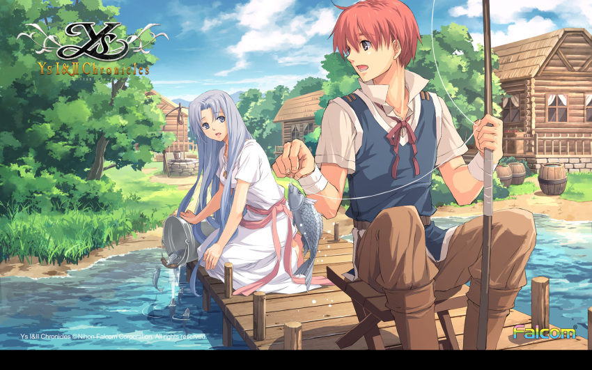 1boy adol_christin ancient_ys_vanished blue_eyes blue_hair boots bucket building cloud copyright_name day dress feena_(ys) female fish fishing fishing_rod grass grey_eyes highres holding house long_hair official_art official_wallpaper outdoors red_hair scenery shirt sitting sky tree water well ys