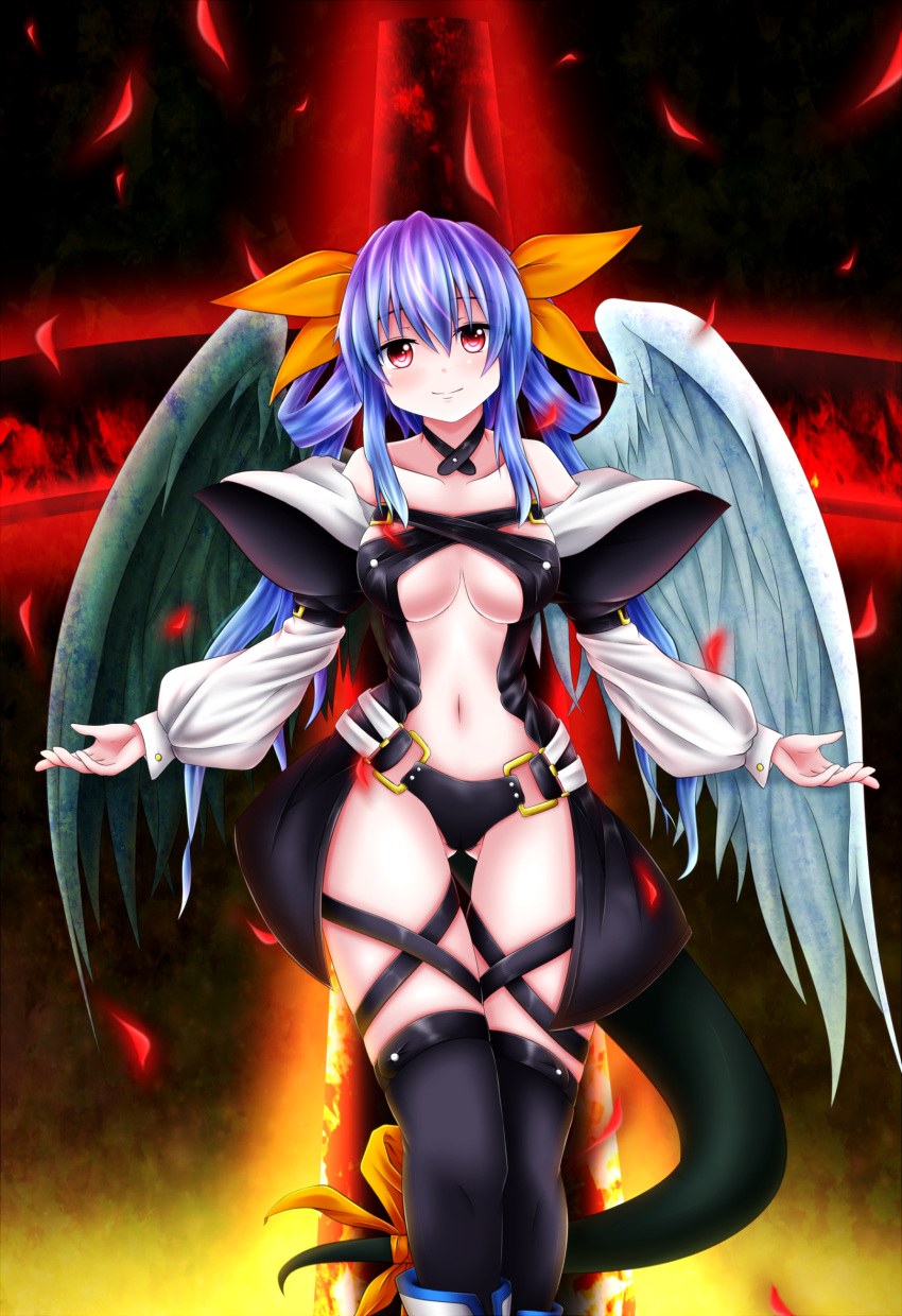 absurdres asymmetrical_wings bare_shoulders black_thighhighs blue_hair bow breasts center_opening choker commentary_request dizzy_(guilty_gear) evandragon female guilty_gear hairbow highres large_breasts long_hair looking_at_viewer navel outstretched_arms petals red_eyes ribbon smile solo tail tail_ornament tail_ribbon thighhighs underboob wings