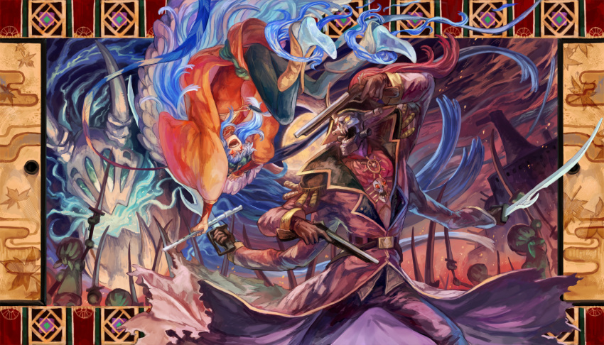 bandana battle blue_hair closed_eyes commentary_request extra_arms facepaint female flute gun handgun heterochromia highres horns instrument long_hair oca open_mouth pants pirate pixiv_fantasia pixiv_fantasia_sword_regalia sharp_teeth skull sword teeth weapon