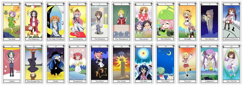 3boys 6+girls absurdres asahina_mikuru asahina_mikuru_(cosplay) canine card_(medium) caterpillar_tracks cherry_(lucky_star) clerk_nagato commentary_request cosplay english_text everyone feline food fruit glasses highres hiiragi_kagami hiiragi_matsuri hiiragi_miki hiiragi_tadao hiiragi_tsukasa iwasaki_minami ixy izumi_kanata izumi_konata izumi_soujirou kobayakawa_yutaka kogami_akira kuroi_nanako kusakabe_misao lucky_star lyrical_nanoha mahou_shoujo_lyrical_nanoha melon military military_vehicle minegishi_ayano motor_vehicle multiple_boys multiple_girls nagamori_yamato nagato_yuki nagato_yuki_(cosplay) narumi_yui parody patricia_martin sakuraba_hikaru shiraishi_minoru star_(symbol) suzumiya_haruhi_no_yuuutsu takamachi_nanoha takamachi_nanoha_(cosplay) takara_miyuki takara_yukari tamura_hiyori tank tarot tarot_(medium) tarot_set va_(phrase) yasaka_kou