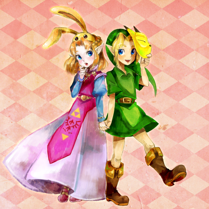 1boy aged_down animal_ears blonde_hair blue_eyes bunny_hood_(zelda) commentary_request dress female hachimaru_(ediciusa) hat highres keaton_mask link lolicon long_dress mask pointy_ears princess_zelda rabbit_ears smile the_legend_of_zelda the_legend_of_zelda:_ocarina_of_time young_link young_zelda