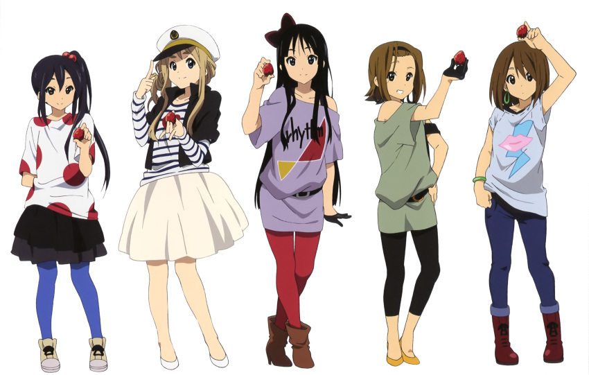 5girls absurdres akiyama_mio blue_legwear boots bow denim earrings food fruit hairbow hat highres hirasawa_yui jeans jewelry k-on! kotobuki_tsumugi leggings listen!! long_hair multiple_girls nakano_azusa no_socks official_art pants pantyhose peaked_cap polka_dot red_legwear sakamoto_kazuya scan shoes side_ponytail simple_background strawberry tainaka_ritsu white_background