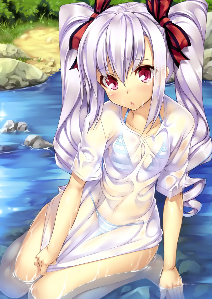 absurdres bikini bow clothes_pull female hairbow halterneck highres ichijou_hitoshi light_purple_hair long_hair navel original parted_lips partially_submerged photoshop_(medium) purple_eyes scan see-through shirt shirt_pull sitting solo string_bikini striped_bikini striped_clothes swimsuit tears twintails wariza water wet wet_clothes wet_shirt