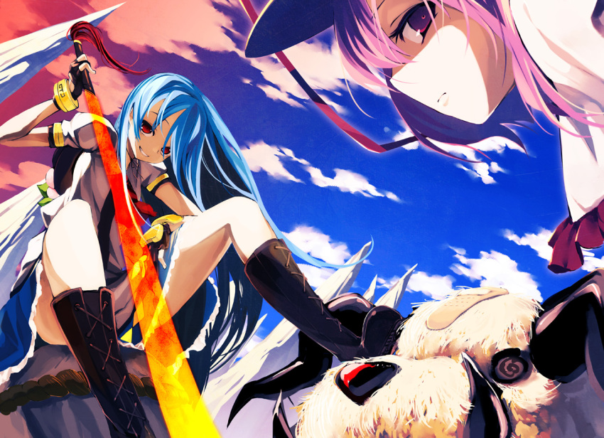 2girls akanagi_youto bad_id bad_pixiv_id bandaid black_gloves blue_hair boots bracelet fingerless_gloves gloves grin hinanawi_tenshi jewelry keystone long_hair monster multiple_girls nagae_iku no_headwear photoshop_(medium) purple_eyes red_eyes sitting smile sword sword_of_hisou touhou weapon