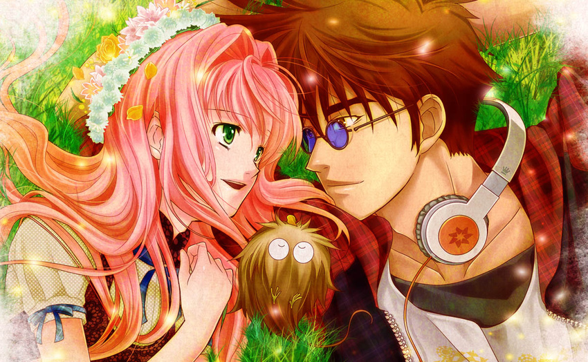 1boy brown_hair commentary_request face-to-face female flower grass green_eyes guvava head_wreath headphones headphones_removed kutsuno long_hair lying macross macross_7 mylene_jenius nekki_basara photoshop_(medium) pink_hair short_hair sunglasses