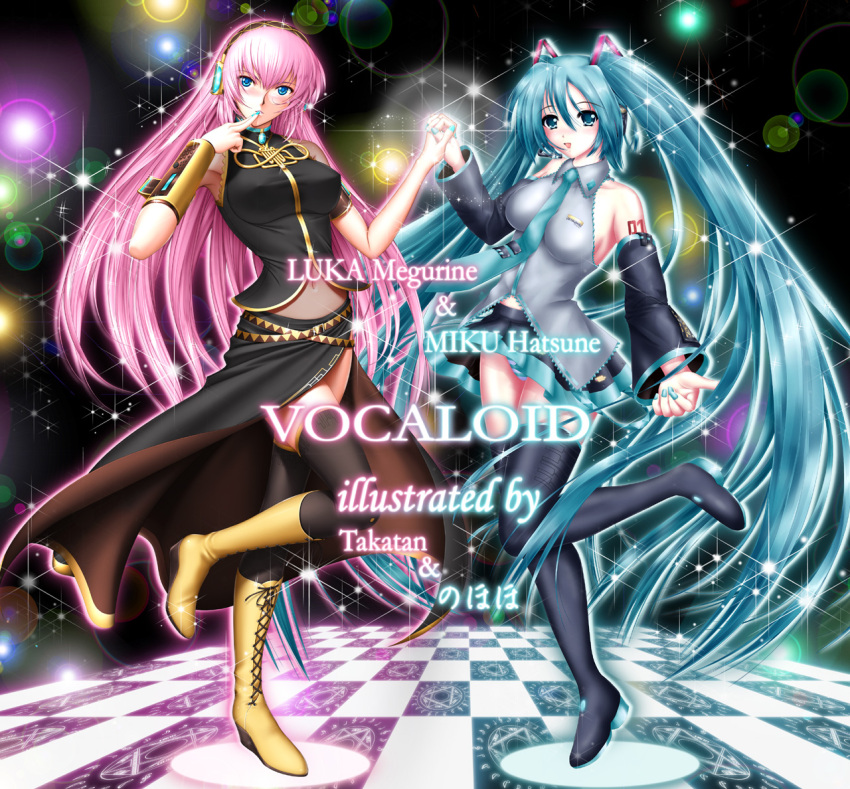 2girls aqua_eyes aqua_hair artist_name blue_eyes boots bow bowtie character_name checkered_floor clothes_lift commentary_request cross-laced_footwear detached_sleeves finger_to_mouth hatsune_miku headphones headset holding_hands interlocked_fingers lace-up_boots lens_flare lights long_hair megurine_luka multiple_girls nail_polish navel nohoho_(kakikonchi) panties pantyshot pink_hair skirt skirt_lift standing standing_on_one_leg striped_clothes striped_panties takatan thigh_boots thighhighs twintails underwear very_long_hair vocaloid