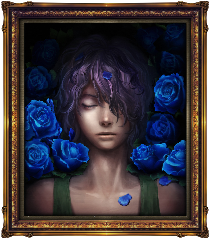 1boy absurdres bad_end bad_id bad_pixiv_id blue_flower blue_rose closed_eyes faux_traditional_media flower framed garry_(ib) hair_over_one_eye highres ib_(kouri) lips male_focus multicolored_hair petals photoshop_(medium) picture_frame portrait portrait_(object) purple_hair realistic rose rose_petals solo streaked_hair yuanmaru