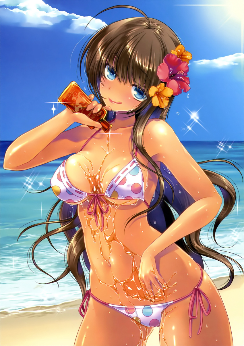 108_gou :q absurdres ahoge bare_shoulders beach bikini blue_eyes blue_sky breasts brown_hair cleavage cloud day female flower front-tie_top hair_flower hair_ornament hibiscus highres lips long_hair lotion medium_breasts naughty_face navel original outdoors photoshop_(medium) polka_dot polka_dot_bikini scan shiny_skin side-tie_bikini_bottom sky solo sparkle sunscreen swimsuit tan tongue tongue_out water