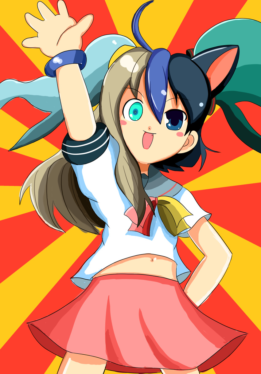 absurdres ahoge animal_ears aqua_eyes bad_id bad_pixiv_id blue_eyes blue_hair blush_stickers bracelet brown_hair cat_ears female fusion futaba_channel hand_on_own_hip hand_up heterochromia highres jewelry long_hair midriff moetron narukami_(nrkm) navel oerba_yun_fang open_mouth school_uniform serafuku short_hair skirt solo sunburst sunburst_background twintails