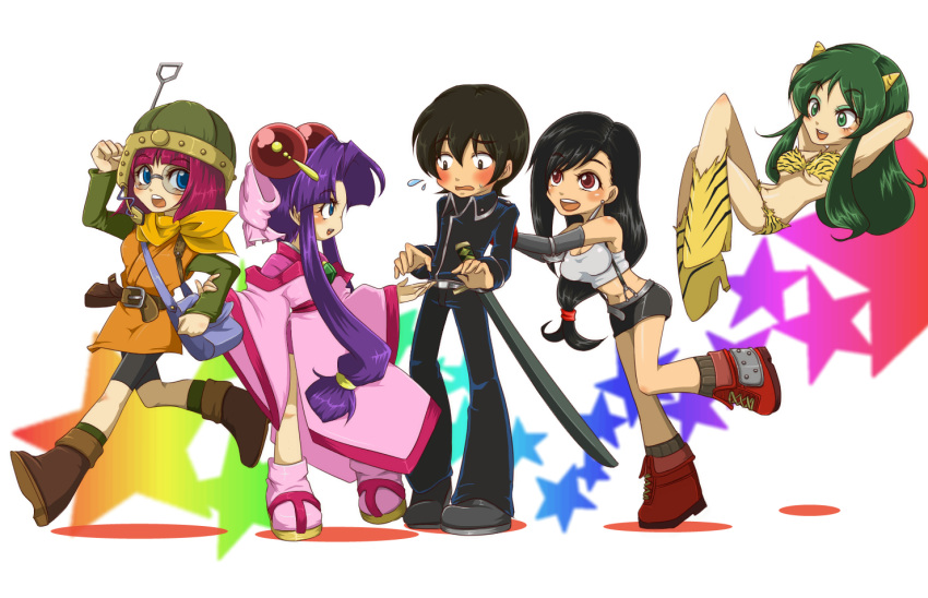 1boy 4girls arm_grab arms_behind_head ascot bad_id bad_pixiv_id bare_shoulders bike_shorts black_hair black_skirt blue_eyes blush boots bow breasts brown_hair cherry_(saber_j) chrono_trigger crop_top crossover elbow_gloves envious_(artist) eyeshadow final_fantasy final_fantasy_vii floating gintama gloves green_hair hair_ornament headset helmet horns japanese_clothes large_breasts leg_up long_hair low-tied_long_hair lucca_ashtear lum makeup midriff miniskirt multiple_crossover multiple_girls navel open_mouth pink_bow pinky_out purple_hair pushing saber_marionette_j scarf short_hair skirt smile star_(symbol) sweatdrop sword tifa_lockhart urusei_yatsura very_long_hair walking wavy_mouth weapon yamazaki_sagaru