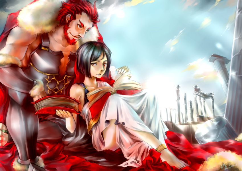 2boys absurdres anklet architecture armor barefoot beard black_eyes black_hair book cape column commentary_request facial_hair fate/zero fate_(series) greco-roman_architecture highres iskandar_(fate) jewelry male_focus multiple_boys pillar reading red_eyes red_hair stvictoria_(hotusconclusus) waver_velvet