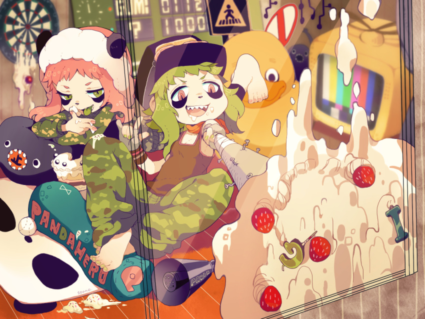 2girls \m/ baseball_bat commentary_request foreshortening goggles goggles_around_neck goggles_on_head green_eyes green_hair gumi hat multiple_girls panda_hero_(vocaloid) pink_hair red_eyes rubber_duck short_hair sitting souno_kazuki vocaloid