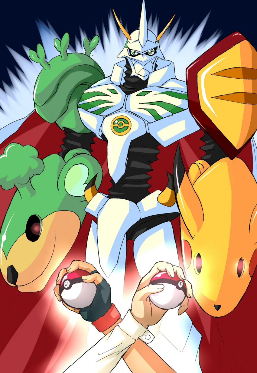 2boys armor cape dent_(pokemon) dento_(pokemon) digimon epic full_armor green_eyes highres lolicon mecha monster multiple_boys omegamon omnimon pansage parody pikachu pokemon royal_knights satoshi_(pokemon) turizao