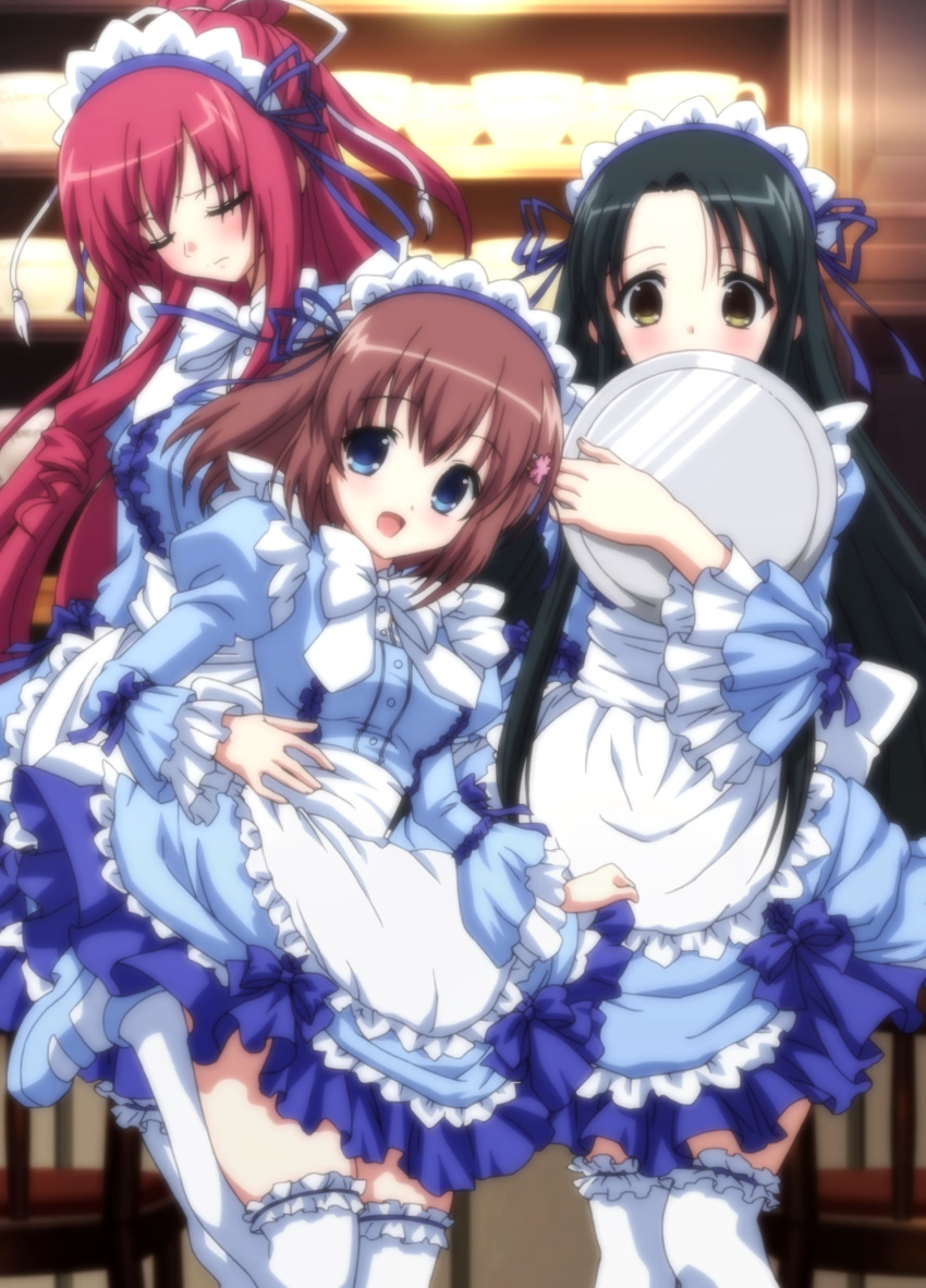 11eyes 3girls absurdres anime_screenshot apron black_hair blue_eyes bow breasts brown_hair drill_hair frills highres holding kusakabe_misuzu long_hair long_sleeves maid maid_headdress mary_janes medium_breasts minase_yuka multiple_girls open_mouth red_hair shoes short_hair tachibana_kukuri thighhighs tray waitress yellow_eyes