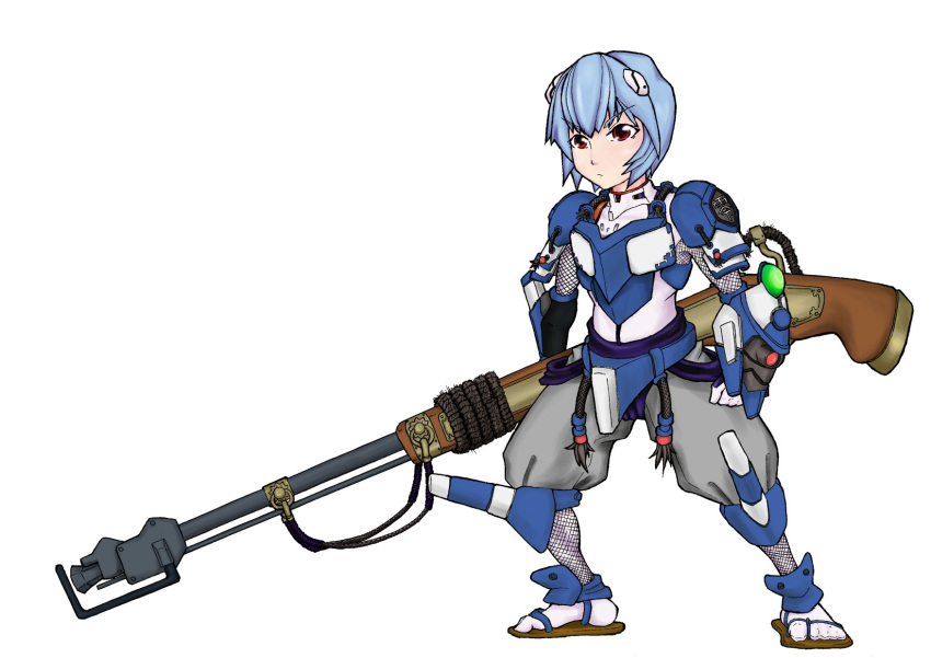 adapted_costume antique_firearm armor arquebus ayanami_rei blue_hair commentary_request eva_00 female gun hair_ornament hashibami_arata highres japanese_armor mixed_media neon_genesis_evangelion red_eyes sandals solo tabi weapon