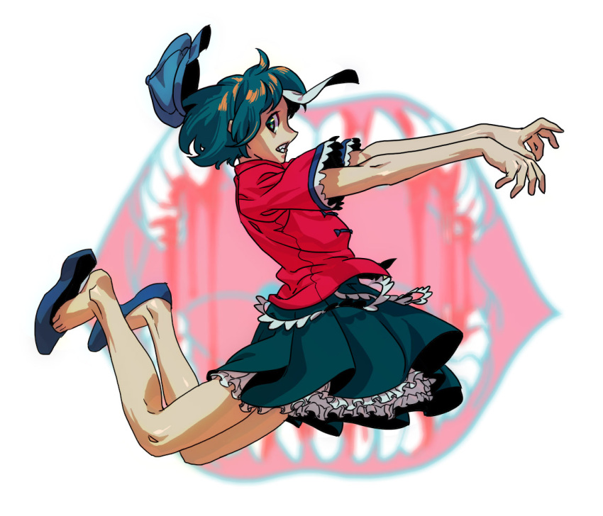 blue_eyes cabbie_hat commentary_request female hat miyako_yoshika ofuda outstretched_arms shoe_dangle short_hair solo touhou utaco zombie zombie_pose