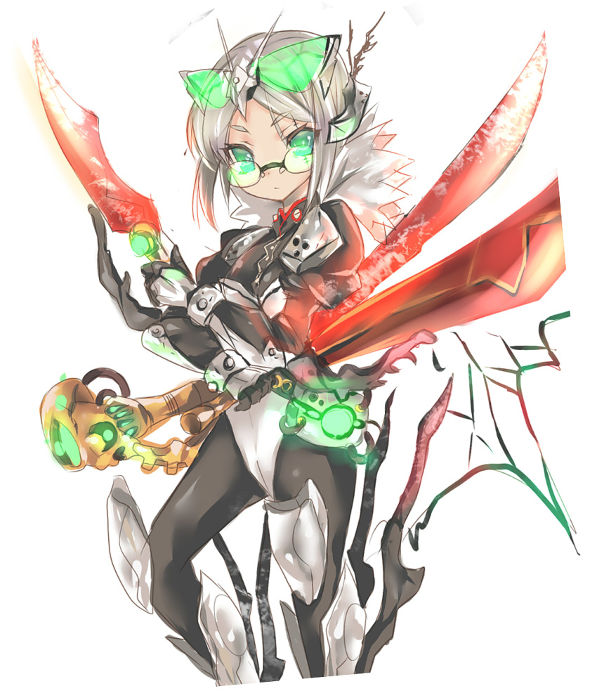 bad_id bad_pixiv_id belt dual_wielding female glasses highres holding kamen_rider kamen_rider_black_(series) rider-tan shadow_moon short_hair silver_hair solo stitches sword umitsuki weapon wings