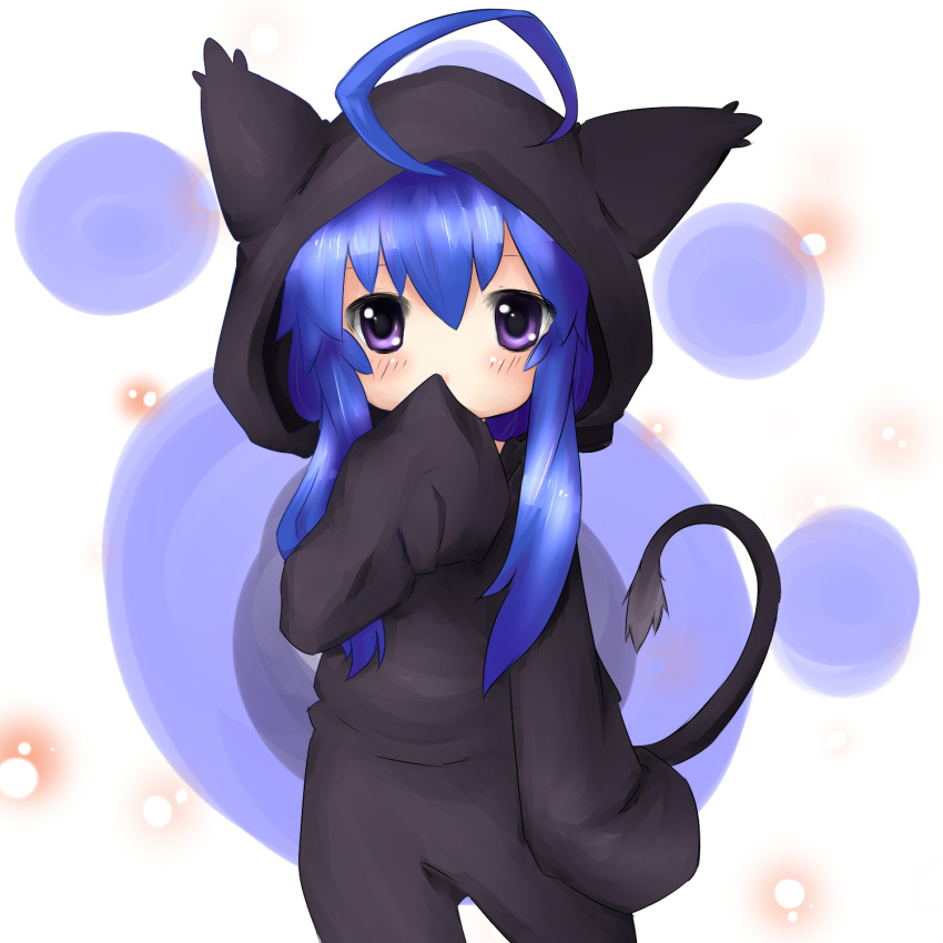 acchi_kocchi aerlai animal_costume bad_id bad_pixiv_id blue_hair blush cosplay female highres kigurumi miniwa_tsumiki purple_eyes solo tail