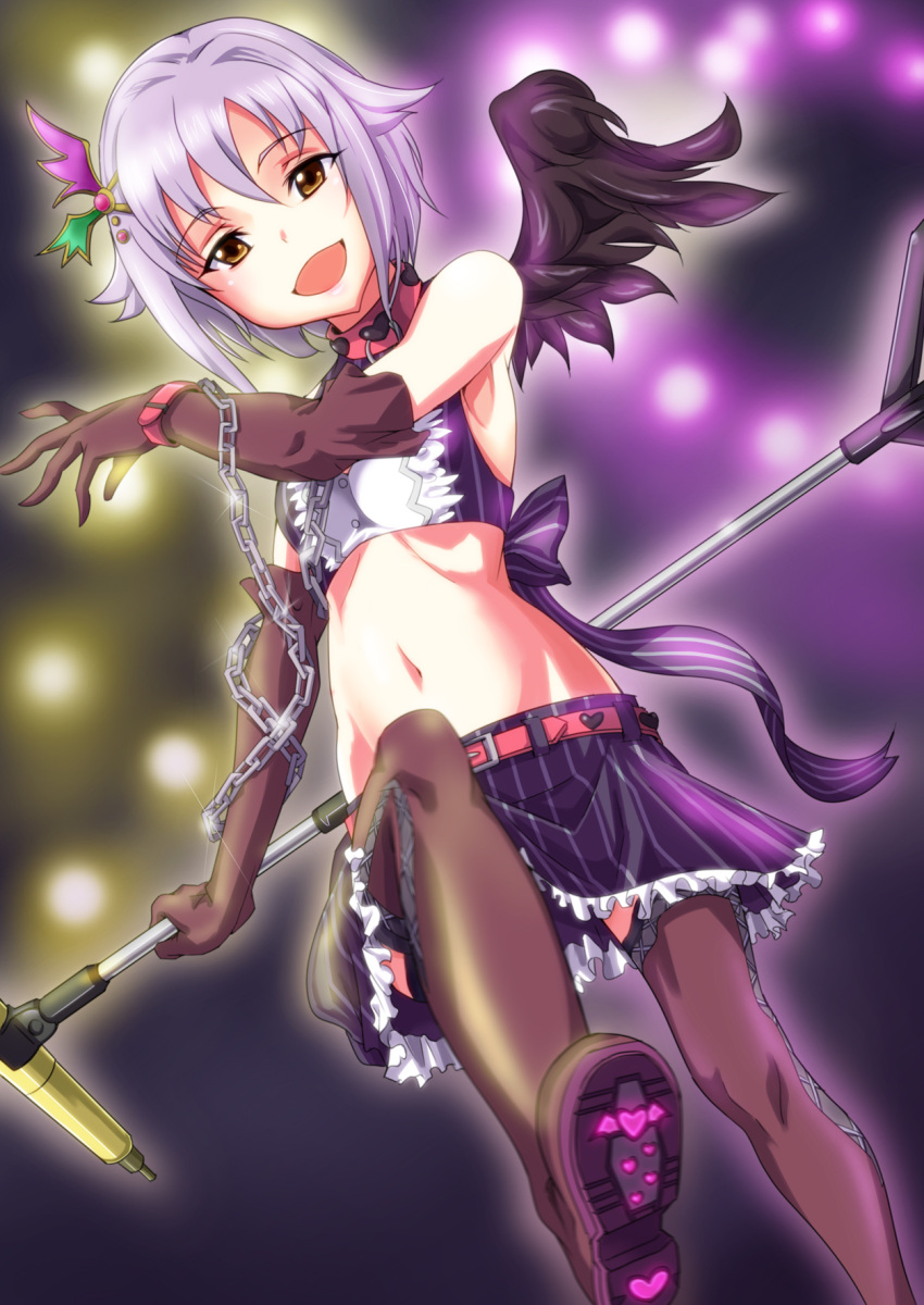 black_thighhighs bondage bondage bound brown_eyes chains collar commentary_request cuffs cuffs-to-collar elbow_gloves female gloves grey_hair hair_ornament hairclip highres idolmaster idolmaster_cinderella_girls koshimizu_sachiko lyrical_denko microphone midriff navel open_mouth photoshop_(medium) purple_hair short_hair skirt slave thighhighs wings