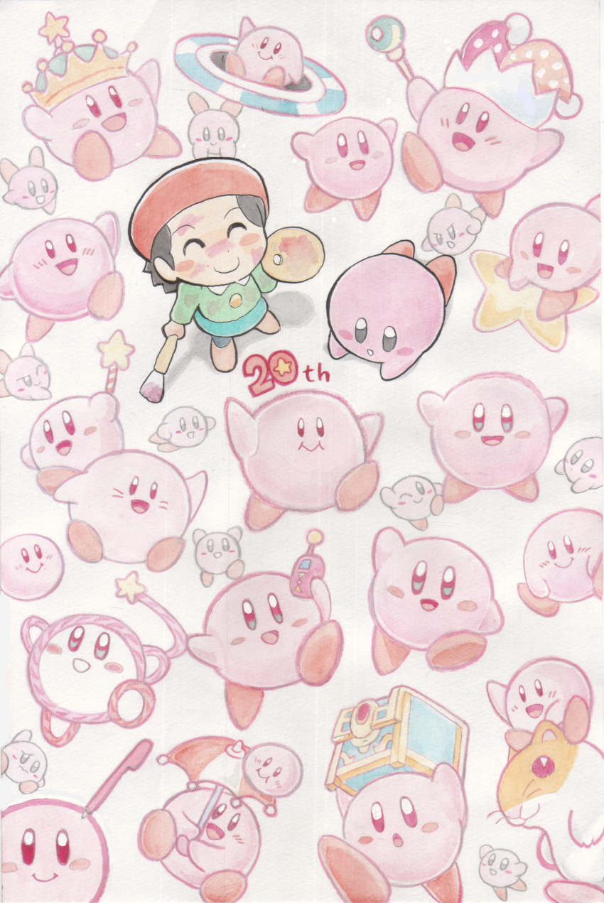 :d adeleine anniversary art_brush ball_kirby beam_kirby beret blush_stickers commentary_request copy_ability crown english_text female from_above hamster hat highres kirby kirby's_dream_land kirby's_epic_yarn kirby_(series) kirby_64 kirby_and_the_amazing_mirror kirby_canvas_curse kirby_super_star md5_mismatch oda_takashi open_mouth paintbrush palette_(object) parasol_kirby red_headwear resolution_mismatch rick_(kirby) scepter smile source_smaller standing star_(symbol) treasure_chest umbrella wand yarn_kirby