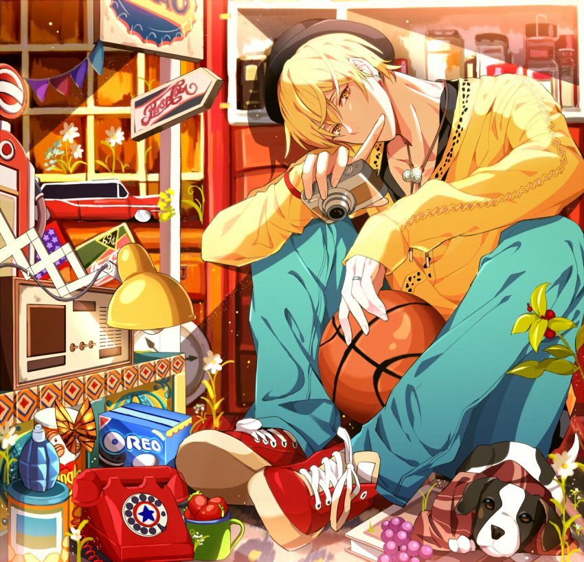 1boy ball basketball basketball_(object) blonde_hair book bottle box bug butterfly camera canine car clock commentary_request cup finger_to_mouth flower food fruit grapes hat highres jewelry kise_ryouta kuroko_no_basuke lamp leaf male_focus motor_vehicle mug necklace oreo pants phone radio ring shirt shoes short_hair sign sitting solo strawberry yuna_(rutera)