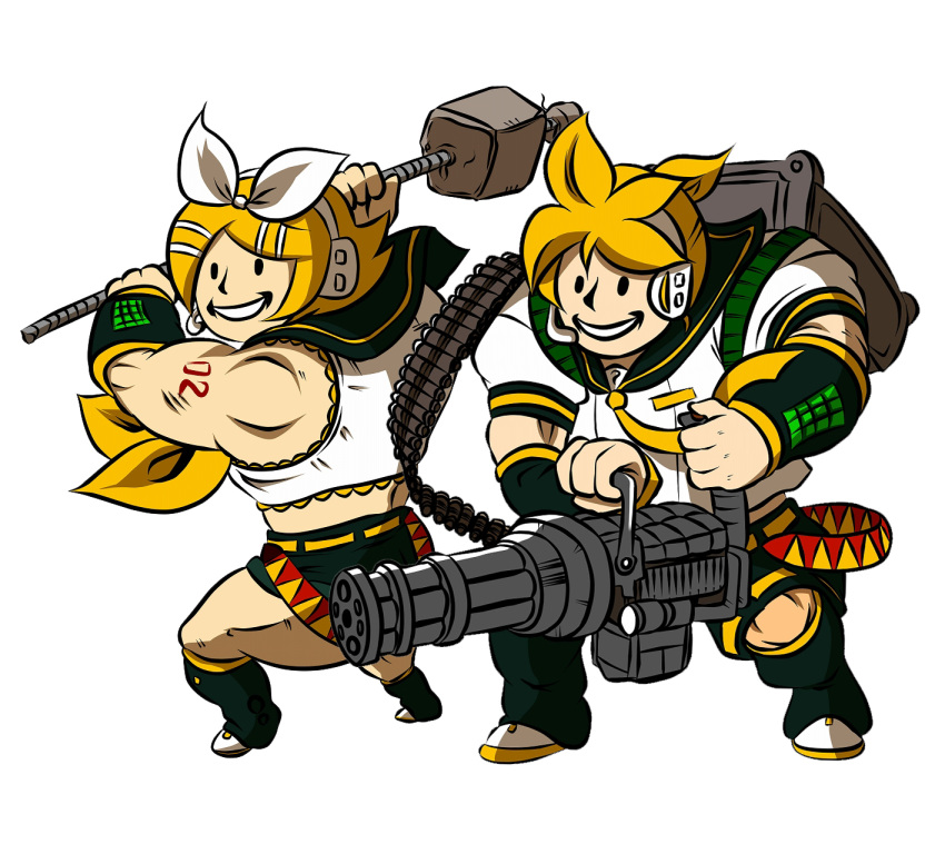 1boy alternate_muscle_size ammunition_belt backpack bag blonde_hair bow carrying commentary_request detached_sleeves fallout:_new_vegas fallout_(series) female gatling_gun gun gyamo hairbow headset highres kagamine_len kagamine_rin minigun muscular muscular_female muscular_male parody pip_boy rebar_club sailor_collar smile solid_circle_eyes vault_boy vocaloid weapon white_background