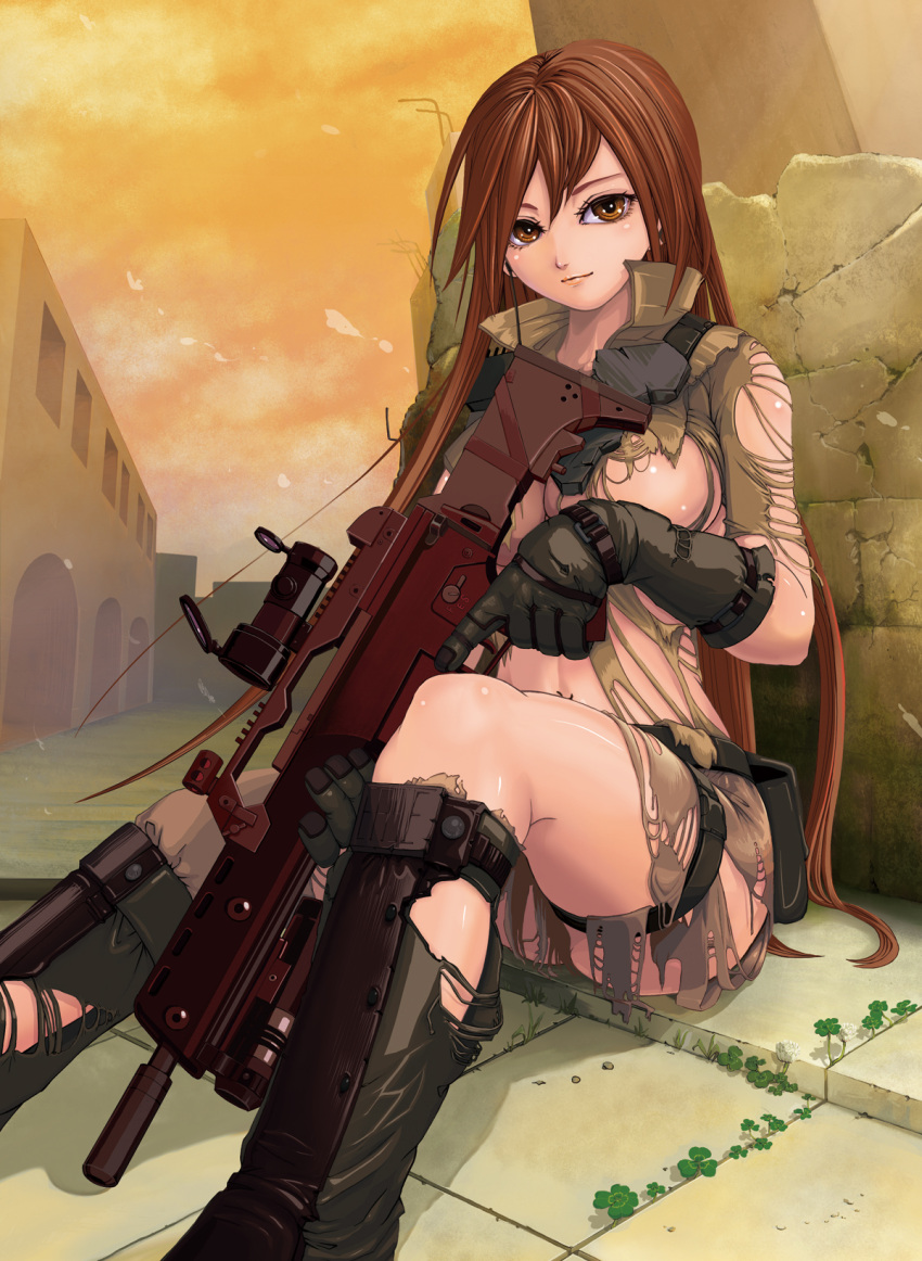 aimpoint amajita assault_rifle bad_id bad_pixiv_id boots breasts brown_eyes brown_hair female gloves gun h&k_g36 h&k_g36k highres long_hair medium_breasts original pouch rifle scope sitting smile solo thigh_strap torn_clothes very_long_hair weapon