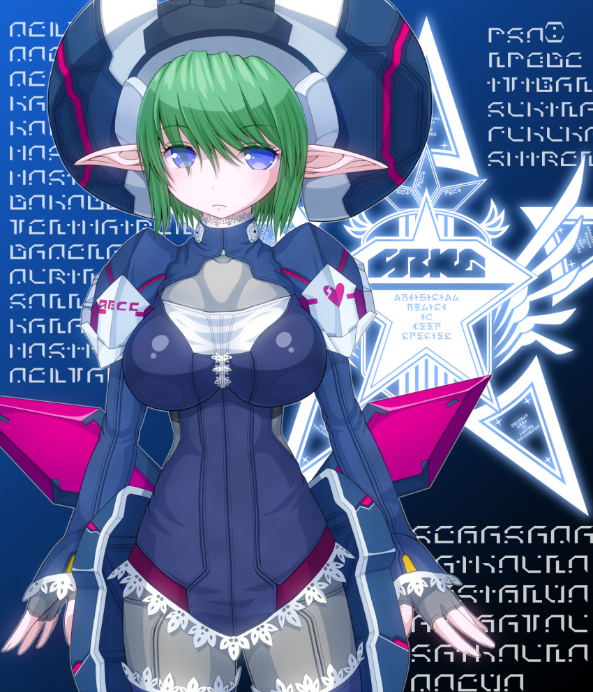 asamura_hiori blue_eyes candy_crown commentary_request female fingerless_gloves gloves green_hair hat highres melfonseana phantasy_star phantasy_star_online_2 phantasy_star_online_font pointy_ears short_hair solo