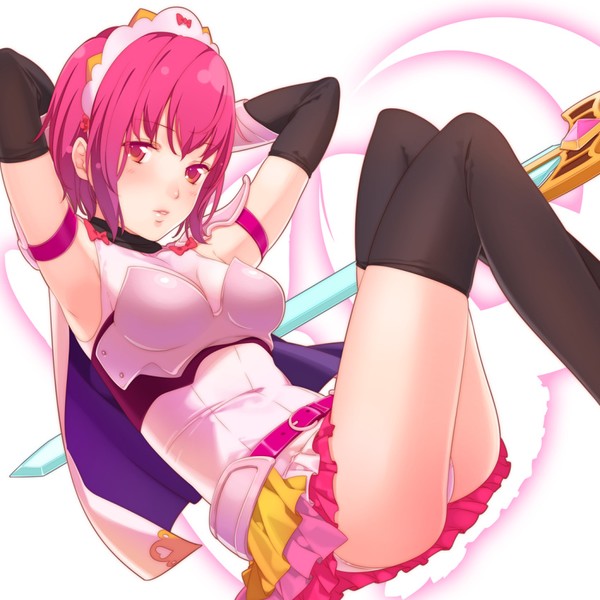 ama_mitsuki armor armpits arms_behind_head arms_up bad_id bad_pixiv_id black_thighhighs breasts cape cinderella_(cinderella_blade) cinderella_blade elbow_gloves female gloves headdress highres medium_breasts miniskirt panties parted_lips pauldrons pink_panties red_eyes red_hair short_hair shoulder_armor skirt solo sword thighhighs underwear weapon