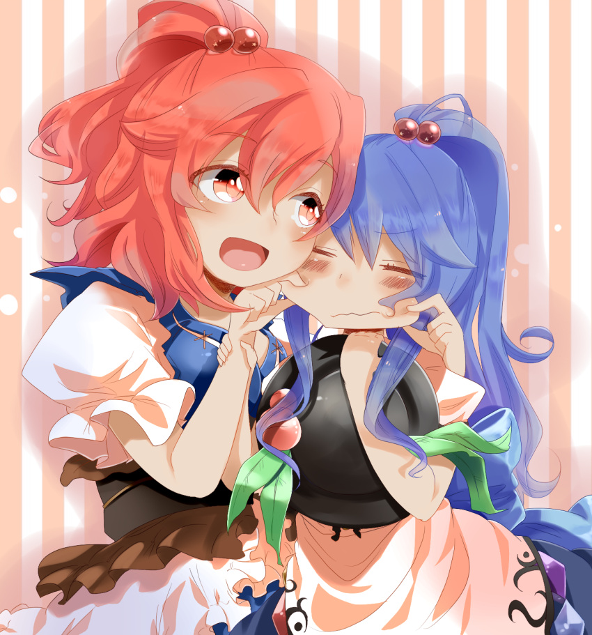 2girls alternate_hairstyle blue_hair bunsuke closed_eyes commentary_request food frills fruit hair_bobbles hair_ornament hat highres hinanawi_tenshi leaf long_hair multiple_girls obi onozuka_komachi open_mouth peach ponytail red_eyes red_hair sash short_sleeves touhou unworn_hat unworn_headwear